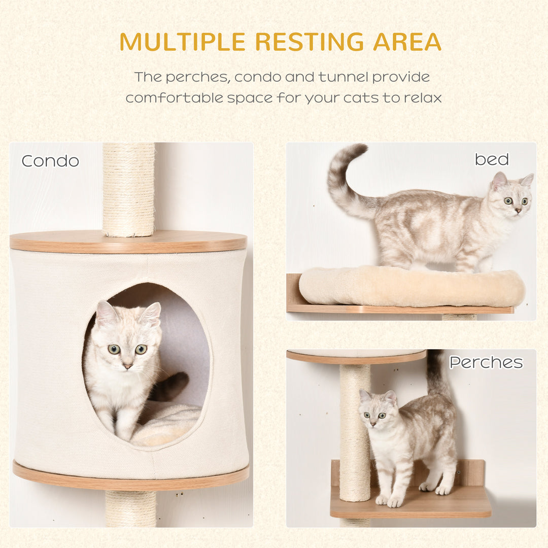 PawHut Cat Tree for Indoor Cats Wall-Mounted Cat Shelf Shelter Kitten Perch Climber Furniture w/ Condo Bed Scratching Post – Beige