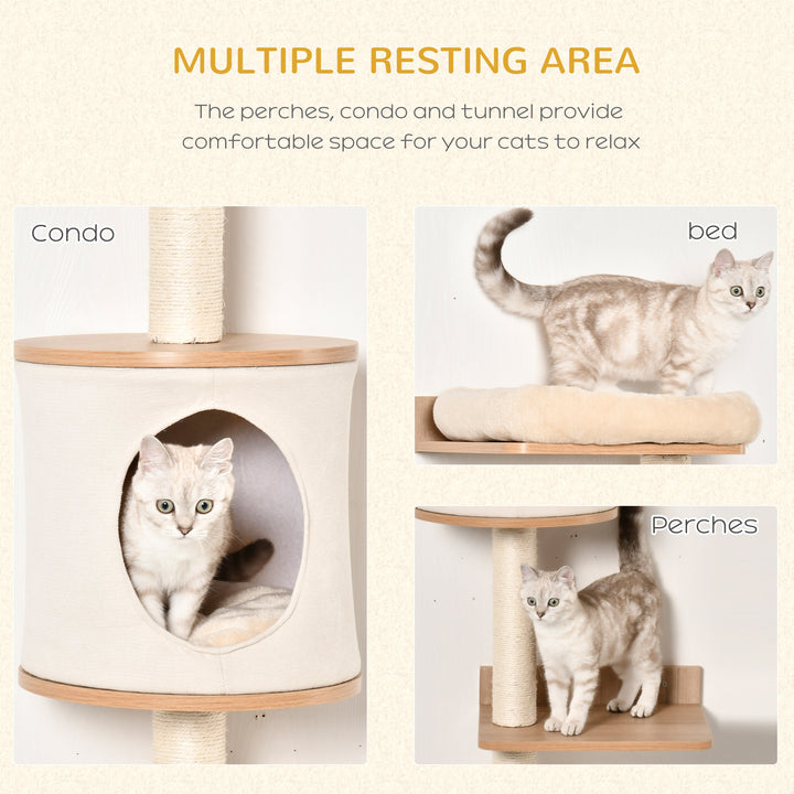 PawHut Cat Tree for Indoor Cats Wall-Mounted Cat Shelf Shelter Kitten Perch Climber Furniture w/ Condo Bed Scratching Post – Beige