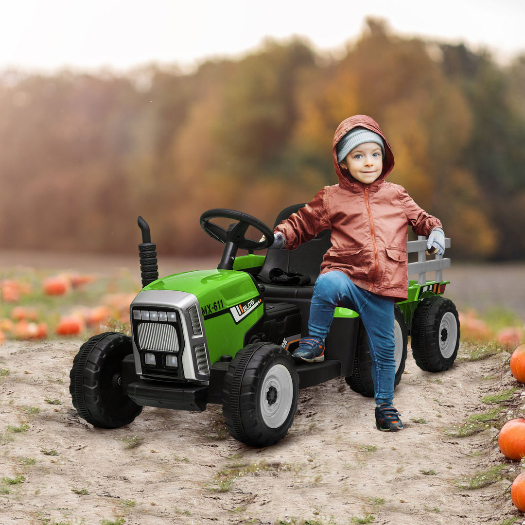 Electric Ride on Tractor with Detachable Trailer, 12V Kids Battery Powered Electric Car with Remote Control, Music Start up Sound and Horn, Lights, for Ages 3-6 Years - Green