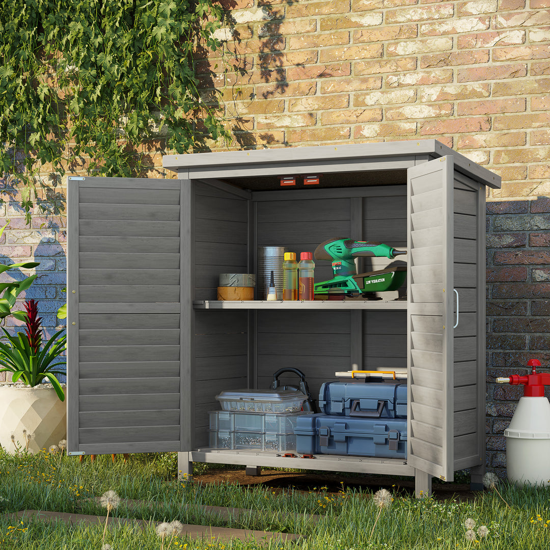 Garden Shed Wooden Garden Storage Shed 2 Door Unit Solid Fir Wood Garage Tool Organisation Cabinet, 87L x 46.5W x 96.5Hcm, Grey