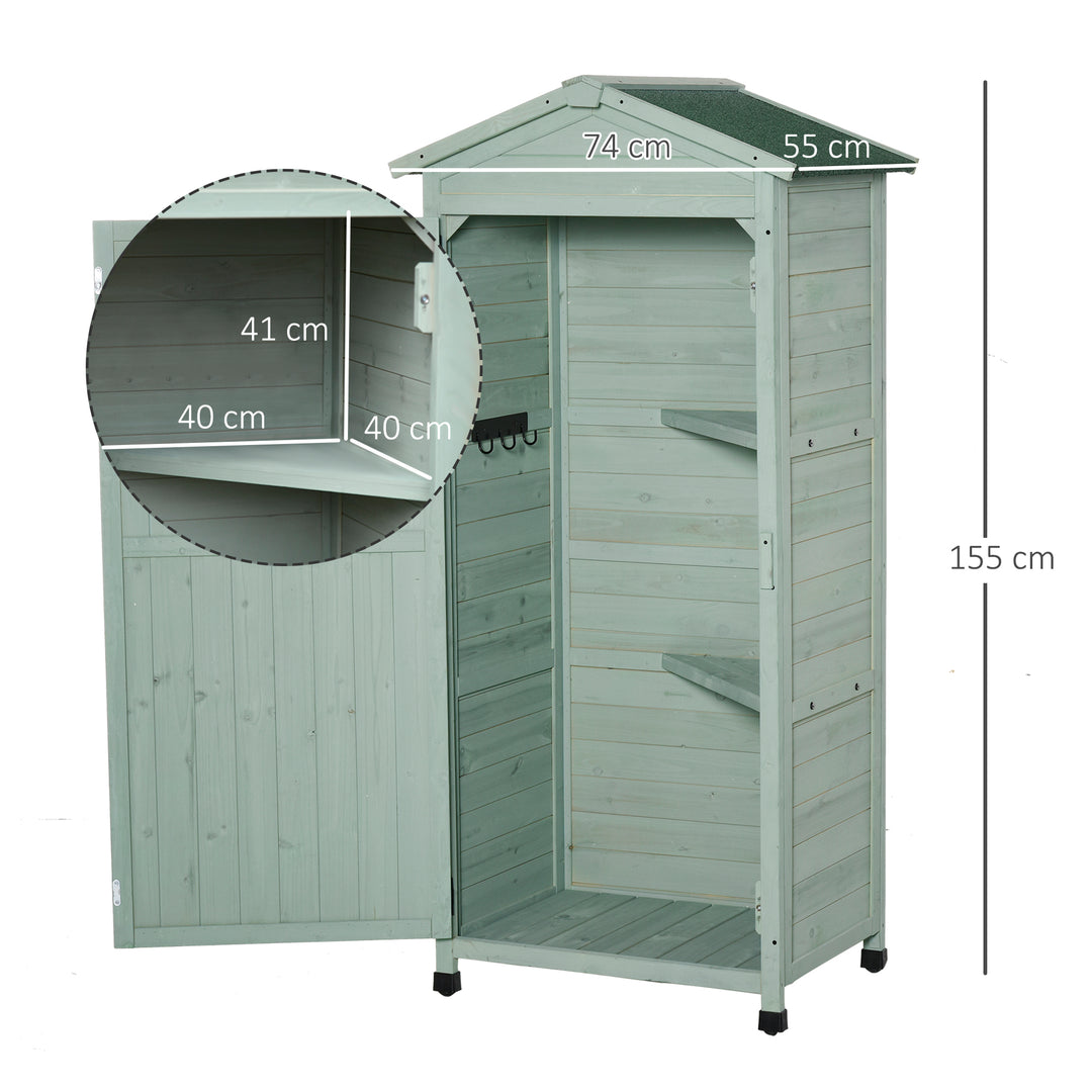 Wooden Garden Cabinet 3-Tier Storage Shed 2 Shelves Lockable Organizer with Hooks Foot Pad 74 x 55 x 155cm Green