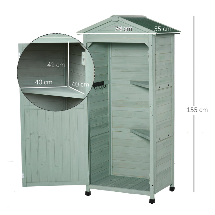 Wooden Garden Cabinet 3-Tier Storage Shed 2 Shelves Lockable Organizer with Hooks Foot Pad 74 x 55 x 155cm Green