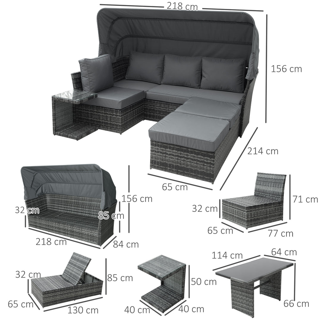 Outsunny 5-Seater Outdoor Rattan Garden Sofa Sets Reclining Sofa Adjustable Canopy & Side Dining Table Set, Mixed Grey