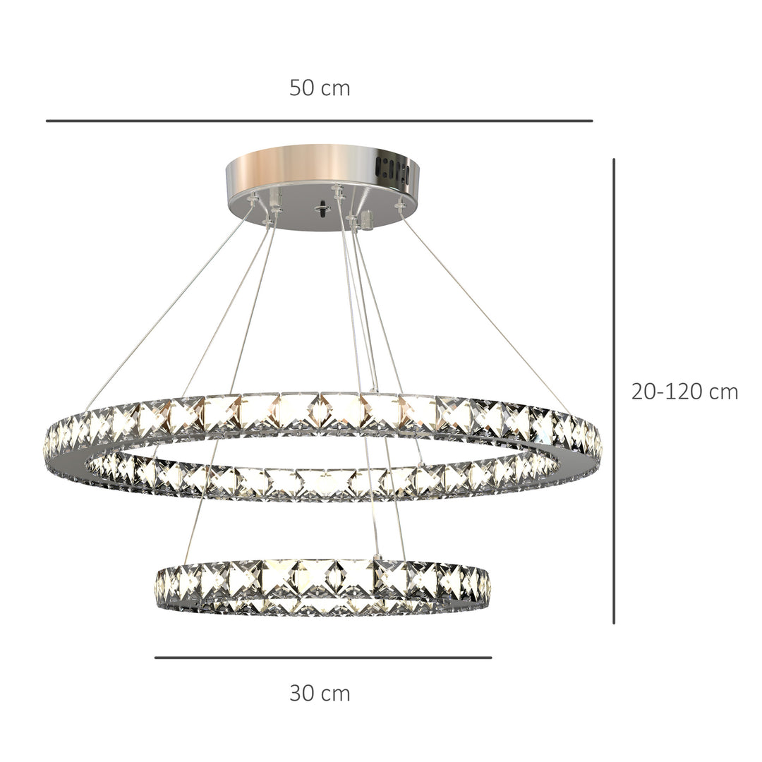 Modern LED Chandelier with 2 Crystal Rings, Dimmable Pendent Ceiling Light Cool Warm White with Adjustable Cable Remote Controller, Silver