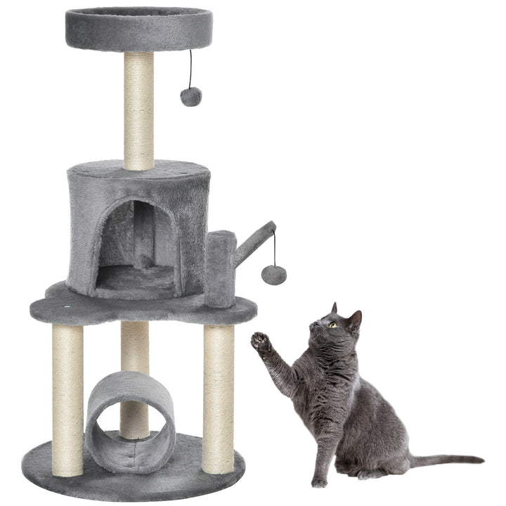 PawHut Cat Tree Tower Climbing Activity Center Kitten Furniture with Jute Scratching Post Bed Tunnel Perch Hanging Balls Grey