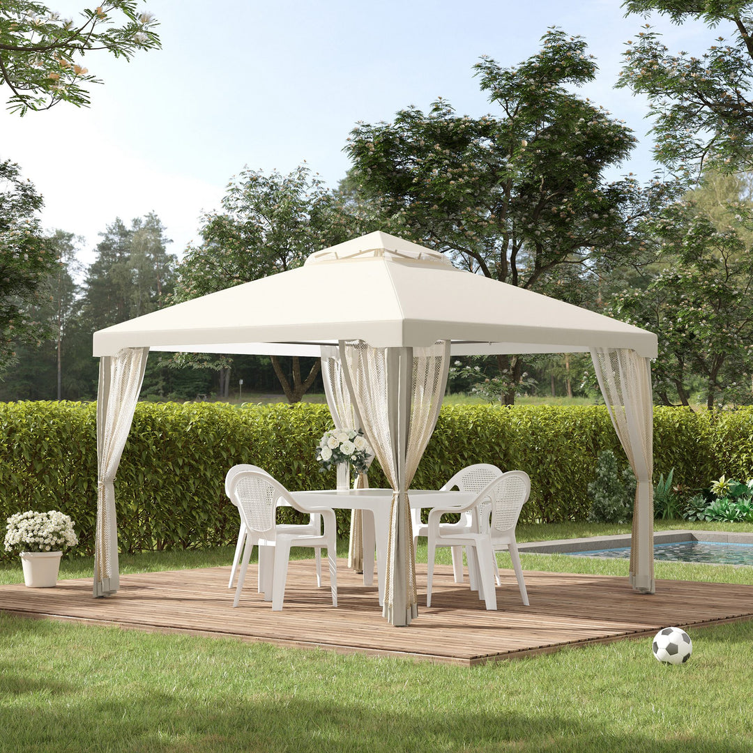 Outsunny 3 x 3 Meter Metal Gazebo Garden Outdoor 2-tier Roof Marquee Party Tent Canopy Pavillion Patio Shelter with Netting - Cream White
