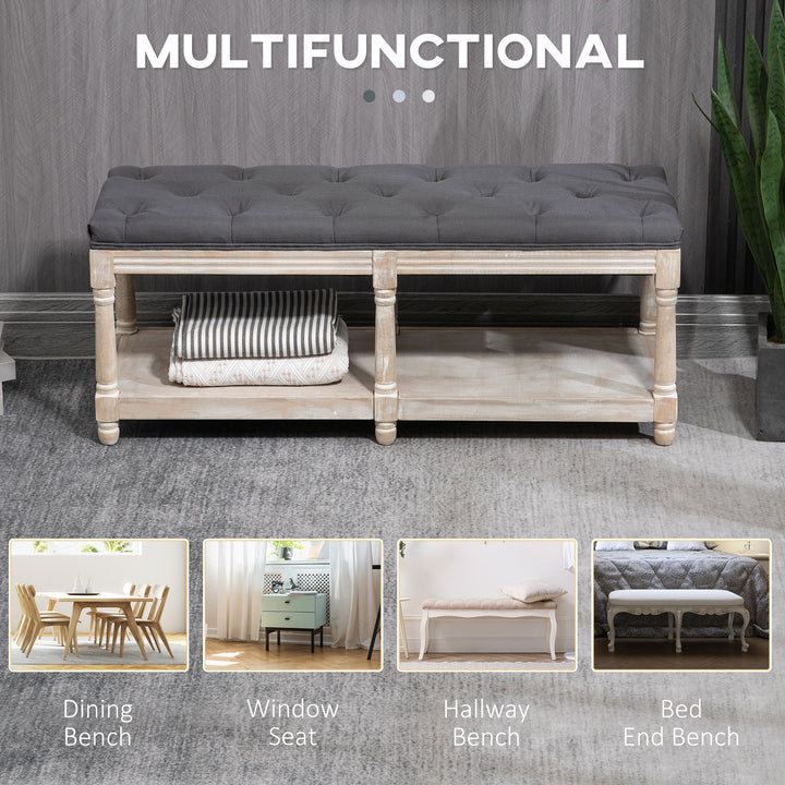 HOMCOM 2 Tier Shoe Rack Bench with Button Tufted Upholstered Cushion, Vintage Bed End Bench, Wooden Window Seat for Hallway, Living Room, Bedroom-Grey