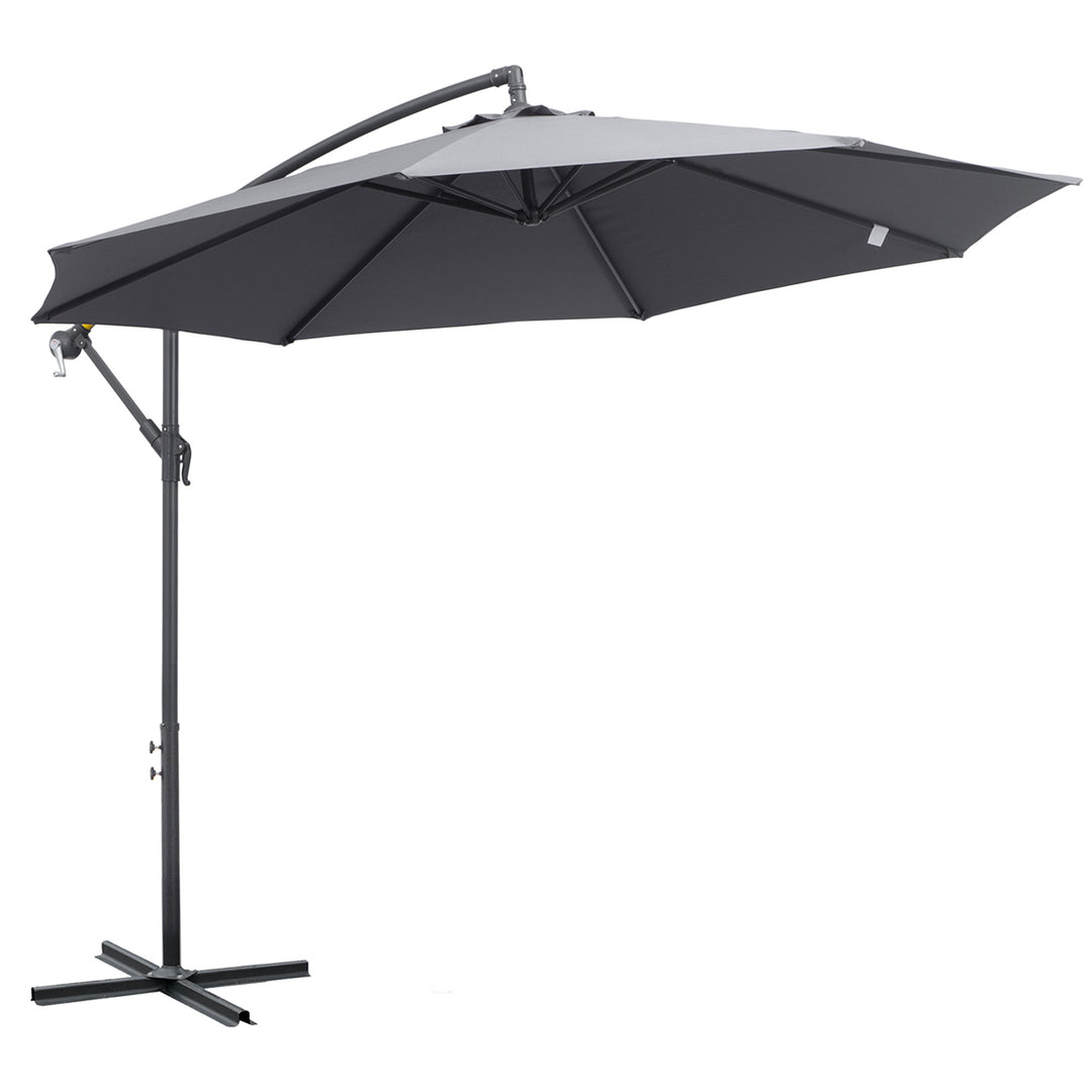 Outsunny 3(m) Garden Banana Parasol Cantilever Umbrella with Crank Handle and Cross Base, 8 Ribs for Outdoor, Hanging Sun Shade, Grey