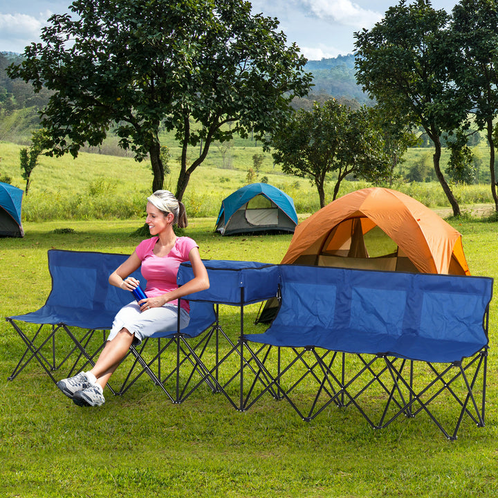 6-Seater Folding Steel Camping Bench w/ Cooler Bag Blue