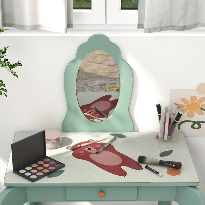 Kids Dressing Table with Mirror and Stool, Girls Vanity Table Makeup Desk with Drawer for 3-6 Years - Green