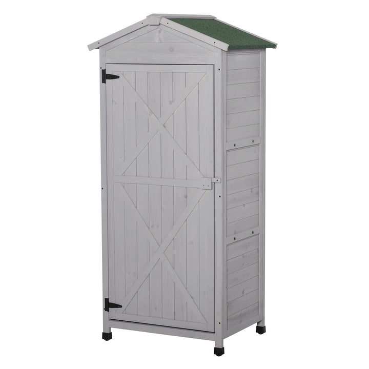 Wooden Garden Cabinet 3-Tier Storage Shed 2 Shelves Lockable Organizer with Hooks Foot Pad 74 x 55 x 155cm Light Grey