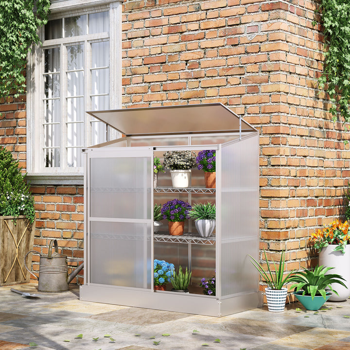 3-Tier Mini Greenhouse Garden Cold Frame Plant Growth House w / Polycarbonate Panels, Openable Roof, 129.5 x 58 x 140 cm, Silver