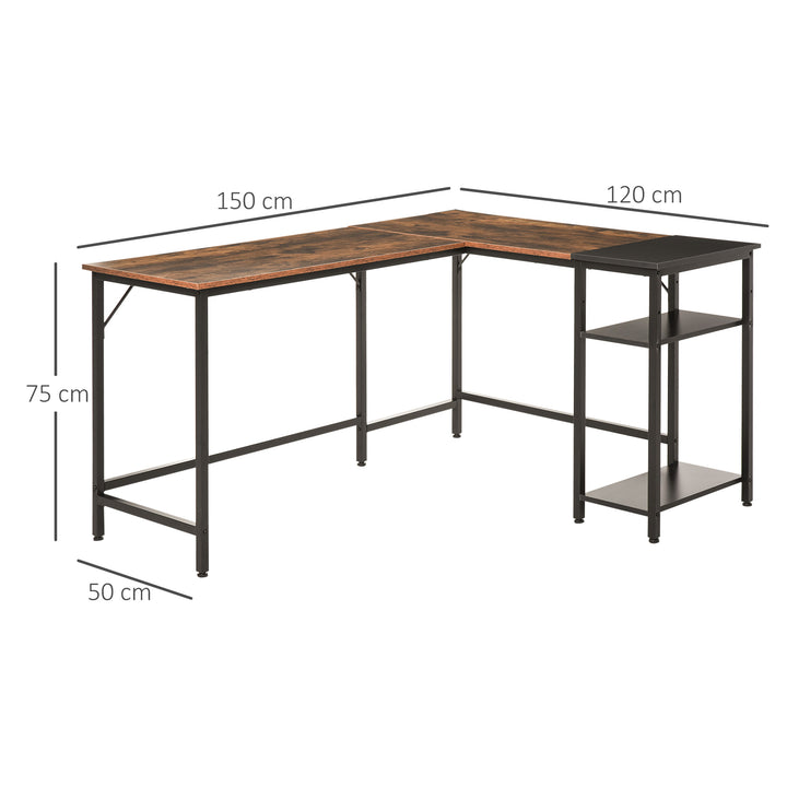 HOMCOM L-Shaped Computer Desk Industrial Cornor Writing Desk with Adjustable Storage Shelf Space-Saving Home Office Workstation Rustic Brown