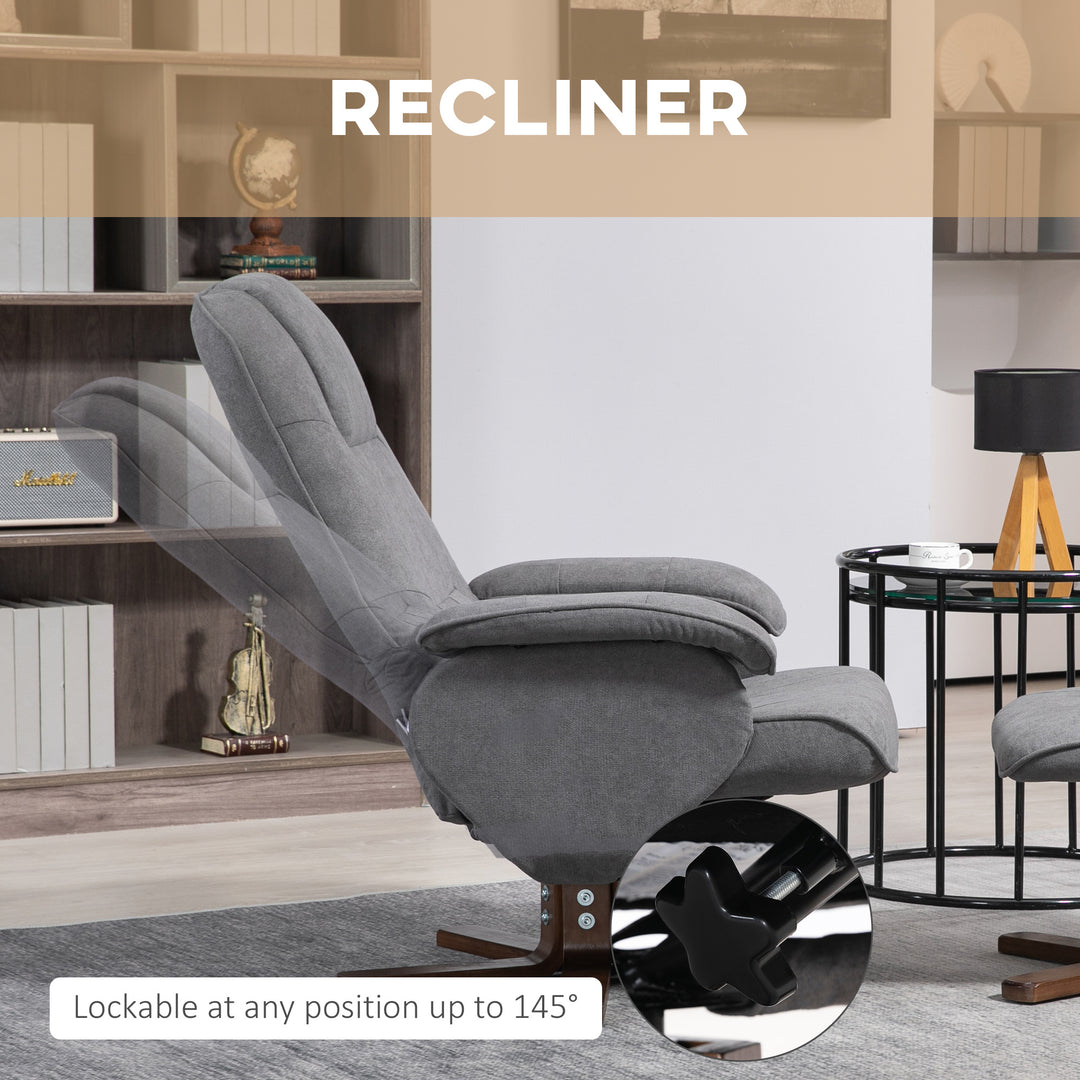 Linen Swivel Recliner Chair with Footstool, Upholstered Reclining Armchair with Wooden Base for Living Room, Grey