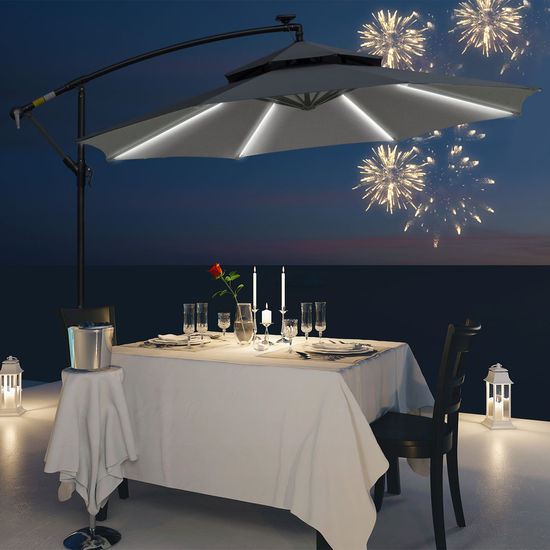 3(m) Cantilever Banana Parasol Hanging Umbrella with Double Roof, LED Solar lights, Crank, 8 Sturdy Ribs and Cross Base for Outdoor, Garden