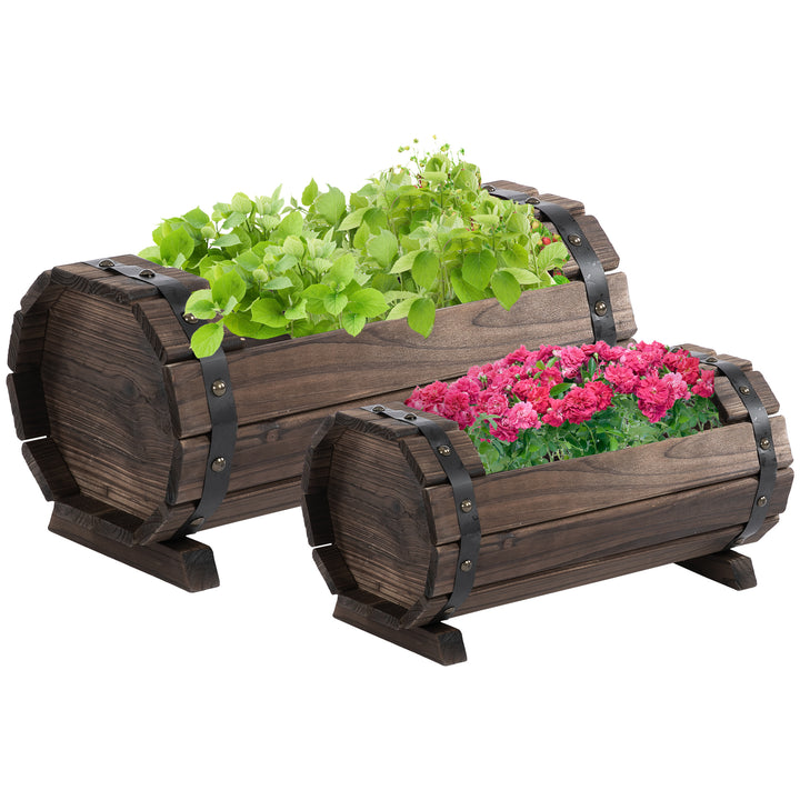 Outsunny 2PCs Wooden Planter Box Flower Plant Pot Outdoor & Indoor Flower Beds Plant Box with Solid Wood Carbonized Colour