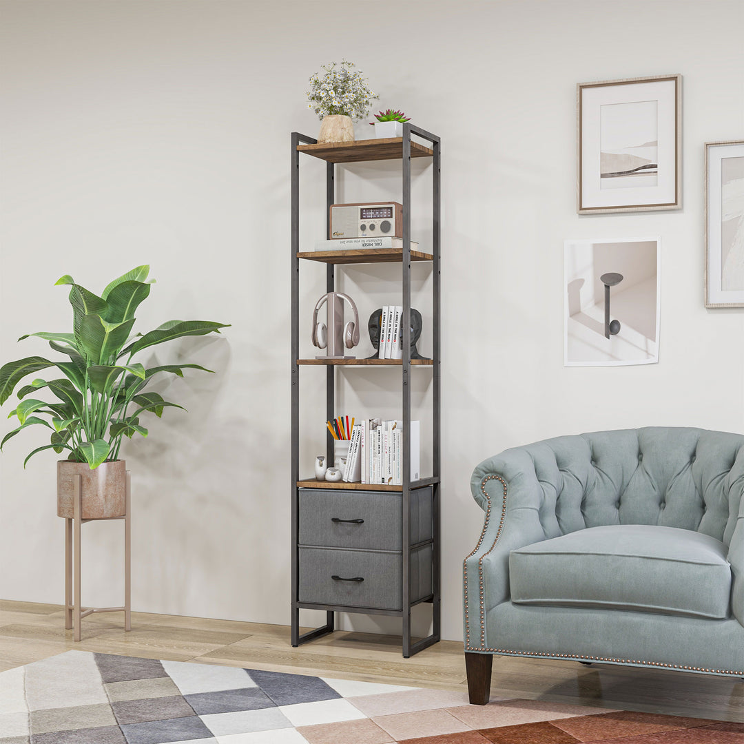 Industrial Bookcase with 2 Fabric Drawers and Metal Frame