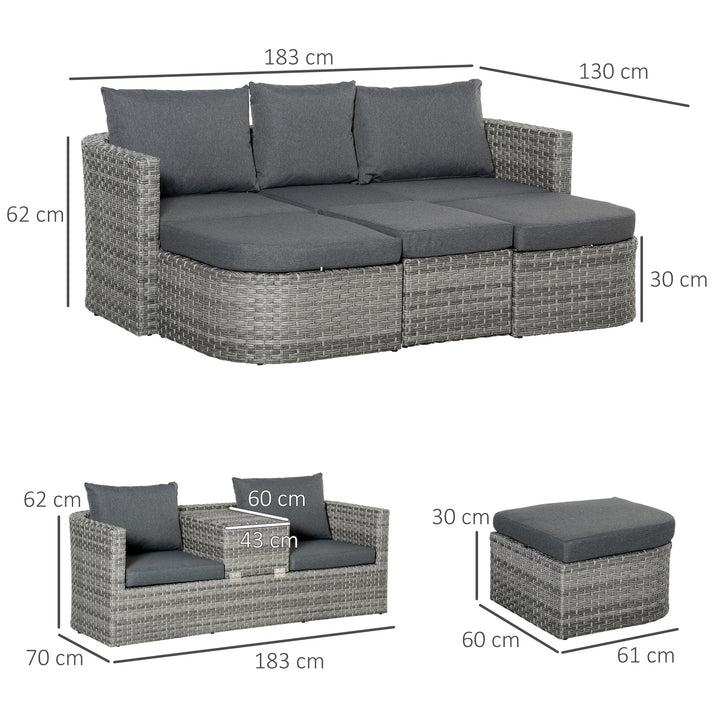 Outsunny 5-Seater Outdoor PE Rattan Sofa Set, Patio Wicker Conversation Double Chaise Lounge Furniture Set w/ Side Table, Large Daybed, Mixed Grey