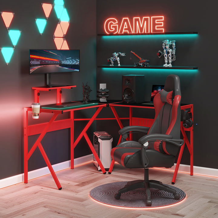 Gaming Desk L-Shaped Corner Computer Table for Home Office PC Workstations with Adjustable Monitor Stand , Red