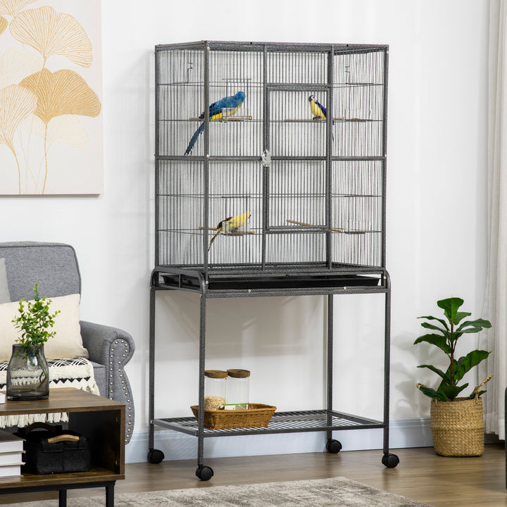 PawHut Bird Cage Metal Canary Cages for Parakeet with Detachable Rolling Stand, Storage Shelf, Wood Perch, Food Container