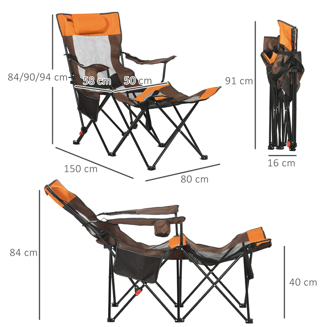 Foldable Reclining Garden Chairs with Footrest and Adjustable Backrest, Portable Camping Chair with Headrest, Cup Holder, Side Pocket Black