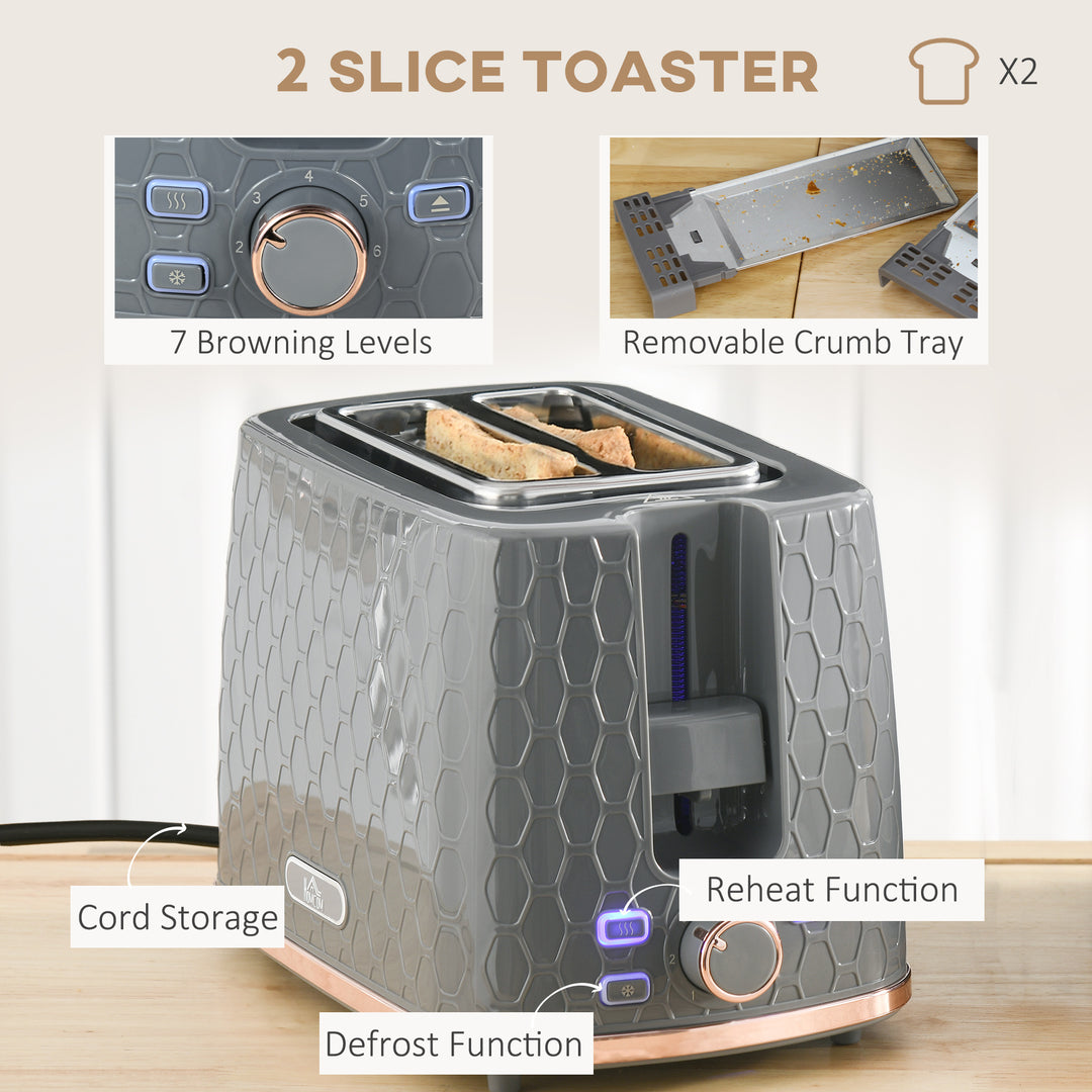 Fast Boil Kettle & 2 Slice Toaster Set, Kettle and Toaster with Auto Shut Off, Browning Controls, 1.7L 3000W Grey