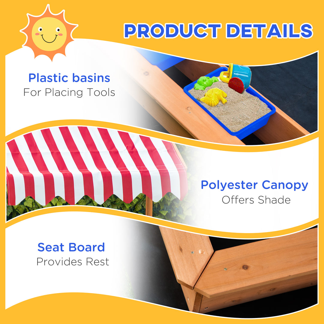 Kids Wooden Sandbox, Children Sand Play Station Outdoor with Adjustable Height Cover, Bottom Liner, Seat, Plastic Basins, Aged 3-7 Years Old
