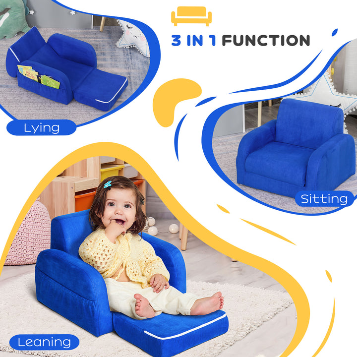 2 In 1 Kids Children Sofa Chair Bed Folding Couch Soft Flannel Foam Toddler Furniture for 3-4 years old Playroom Bedroom Living Room Blue