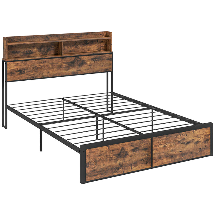 Industrial King Bed Frame, 5.2FT Steel Bed Base with Storage Headboard, Footboard, Slatted Support and Under Bed Storage, 158 x 222cm, Rustic Brown