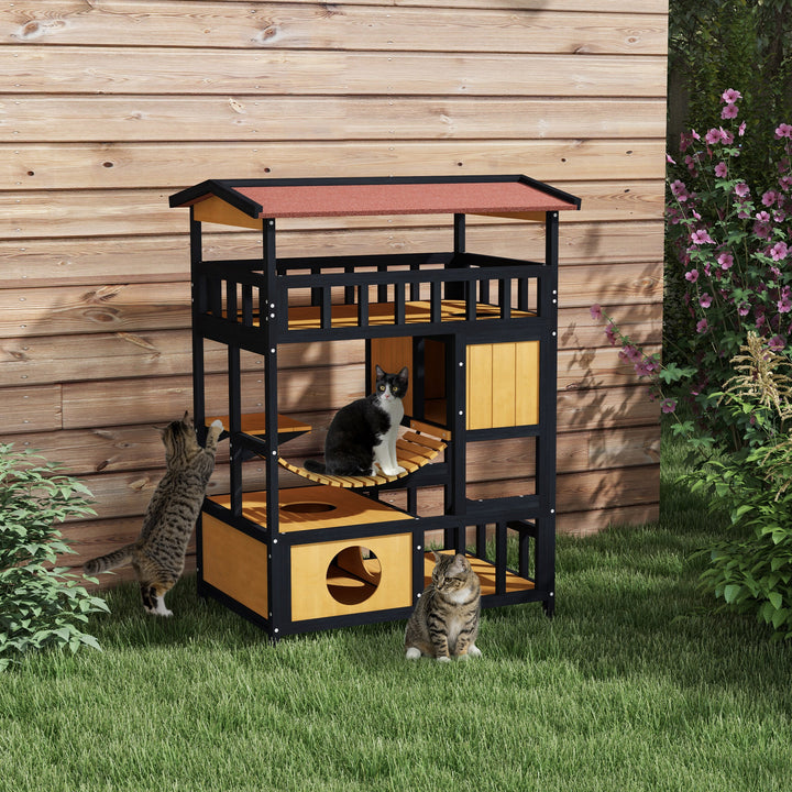 Outdoor Cat Shelter, Wooden Feral Cat House, with Suspension Bridge