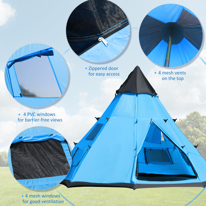 6 Men Tipi Tent, Camping Teepee Family Tent with Mesh Windows Zipped Door Carry Bag, Easy Set Up for Hiking Picnics Outdoor Night, Blue