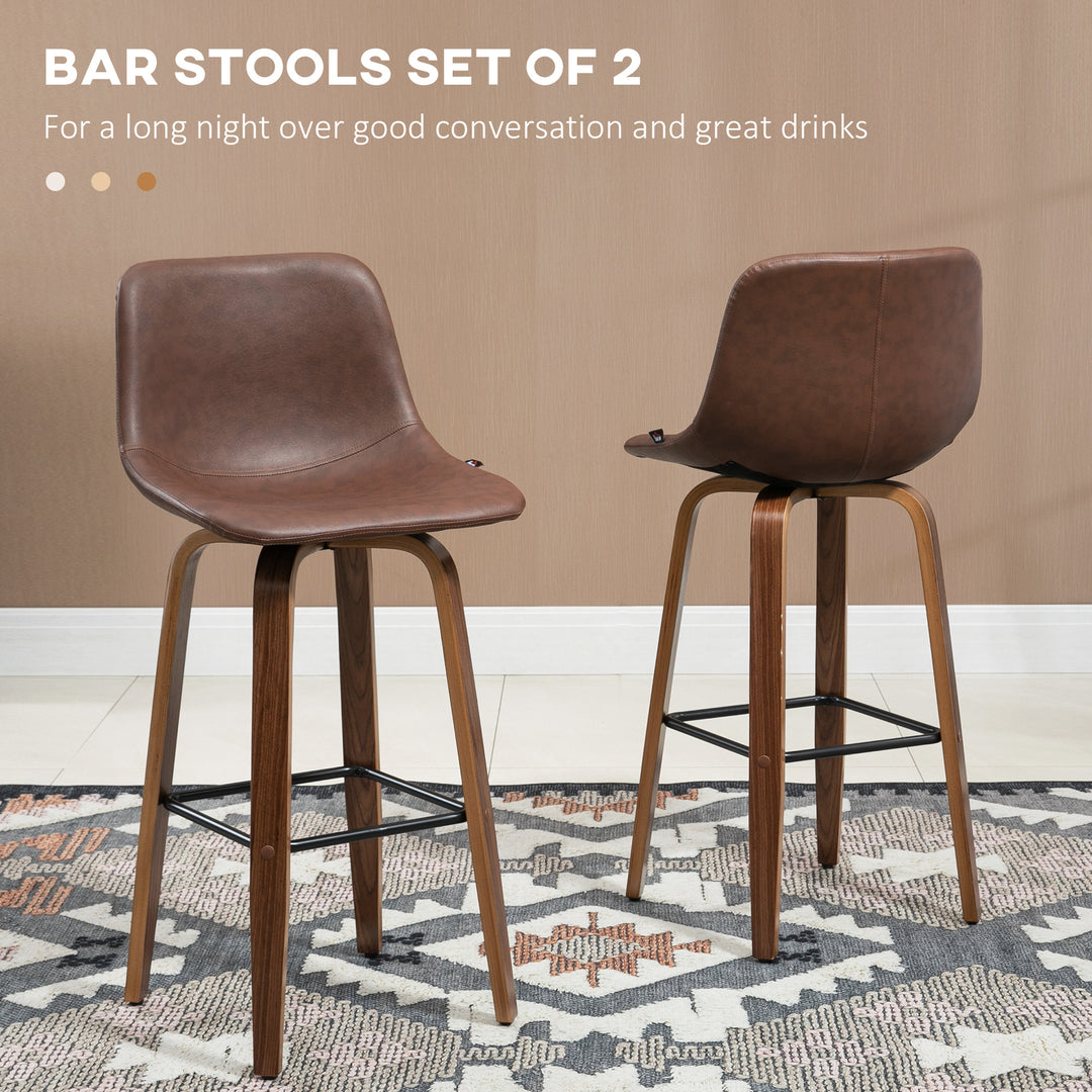 HOMCOM Bar Stools Set of 2, Breakfast Bar Chairs, PU Leather Upholstered Kitchen Stools w/ Backs, Wood Legs for 89-99cm Bar Table, Brown