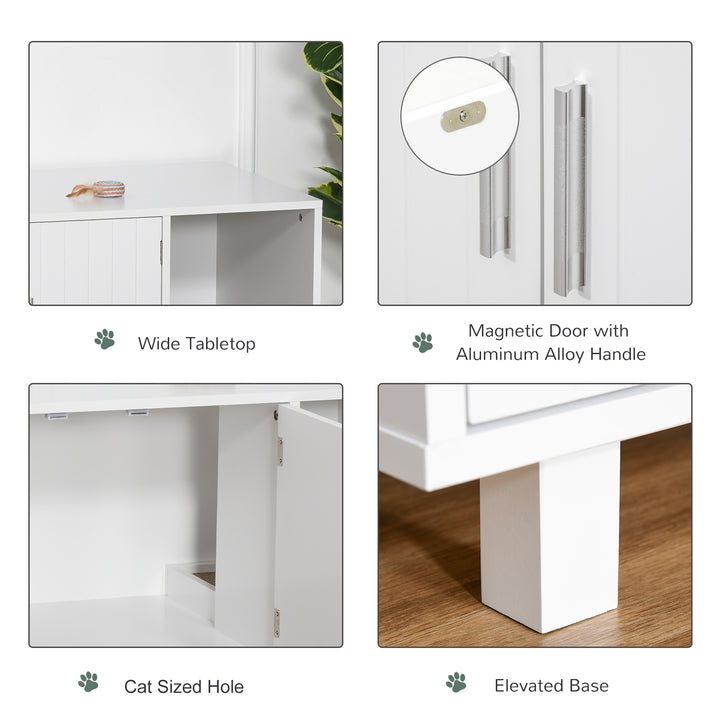 PawHut Wooden Cat Litter Box Enclosure & House with Nightstand/End Table Design, Scratcher, & Magnetic Doors, White