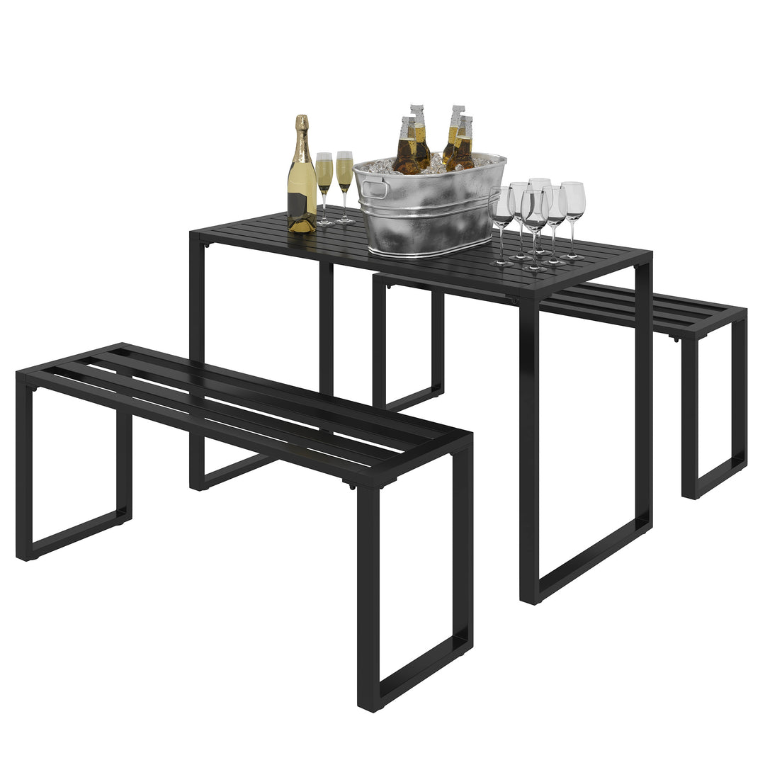 3Pcs Outdoor Dining Set Metal Beer Table Bench Patio Garden Yard Black