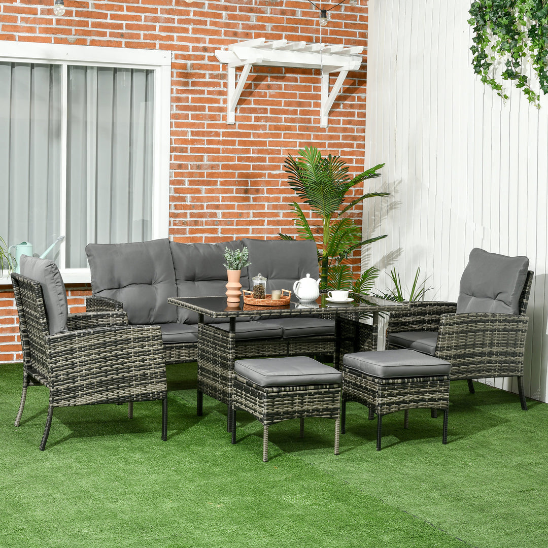 5 Seater Rattan Garden Furniture Set, 2 Armchairs, 3-seater Wicker Sofa, 2 Footstools Glass Table 6 Piece Patio Sofa Sets for Conservatory