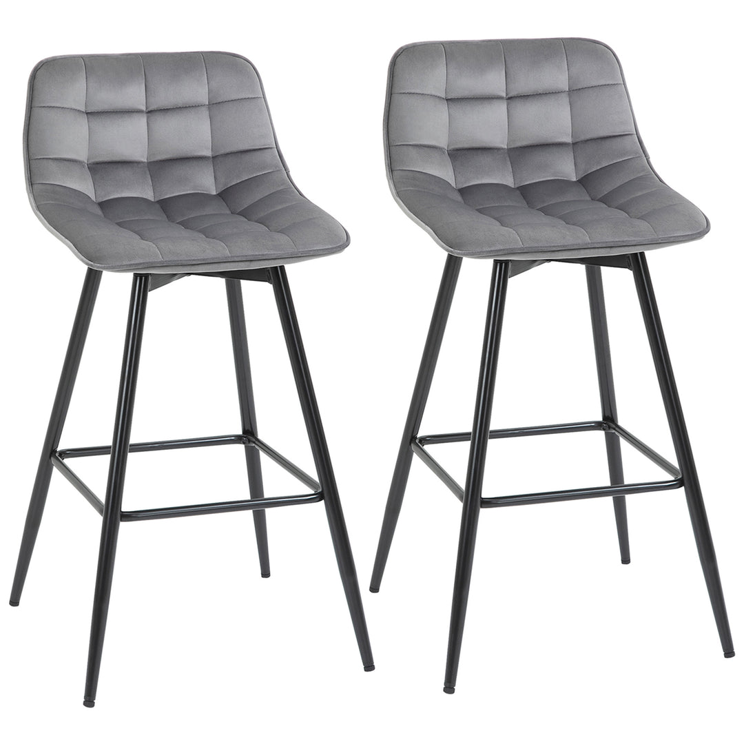 Set of 2 Bar stools With Backs Velvet-Touch Dining Chairs Kitchen Counter Chairs  Fabric Upholstered seat with Metal Legs, Backrest, Grey