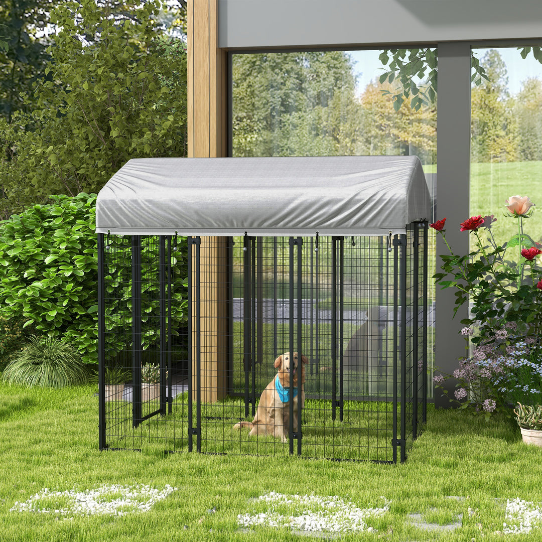 Outdoor Dog Kennel, Dog Run with UV-Resistant Canopy &amp; Lockable Design, Metal Playpen Fence for Large and Medium Dogs, 183 x 121 x 183 cm