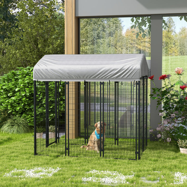 Outdoor Dog Kennel, Dog Run with UV-Resistant Canopy &amp; Lockable Design, Metal Playpen Fence for Large and Medium Dogs, 183 x 121 x 183 cm