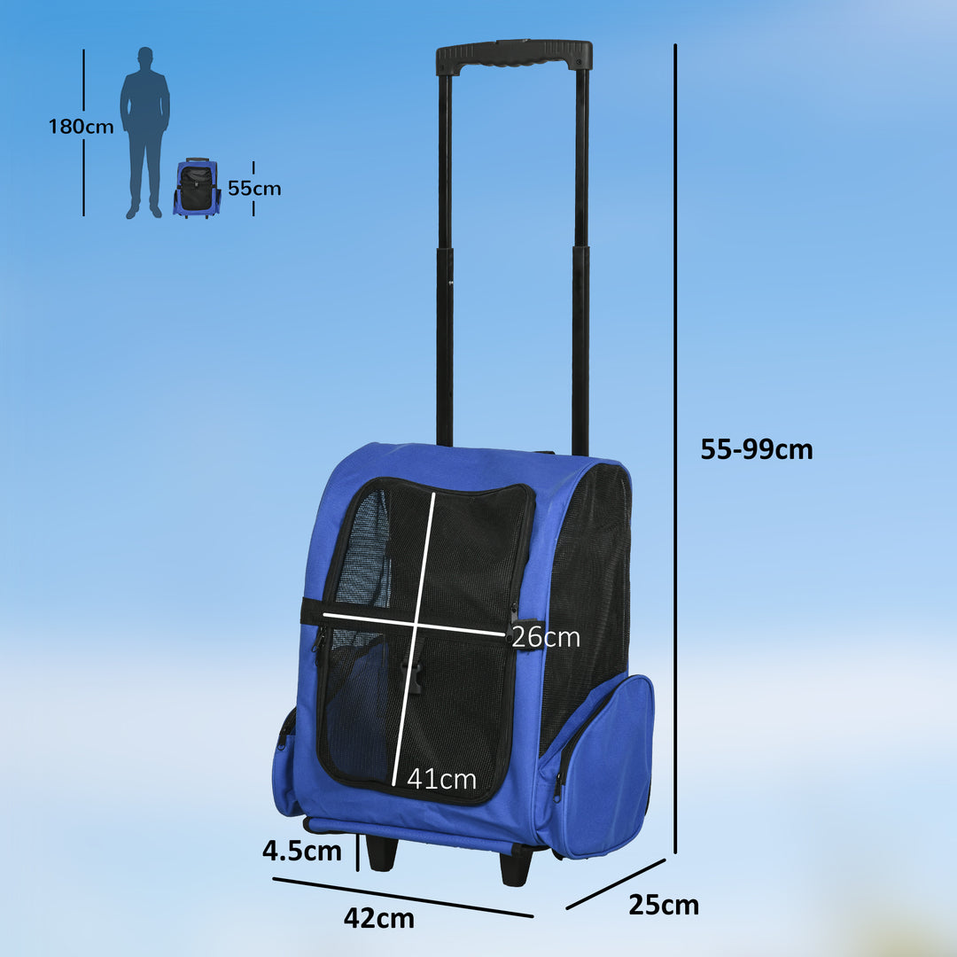 PawHut Pet Carrier Travel Backpack Bag Cat Carrier Puppy Dog Bag w/ Trolley, Telescopic Handle Portable Stroller Wheel, 42 x 25 x 55 cm, Blue