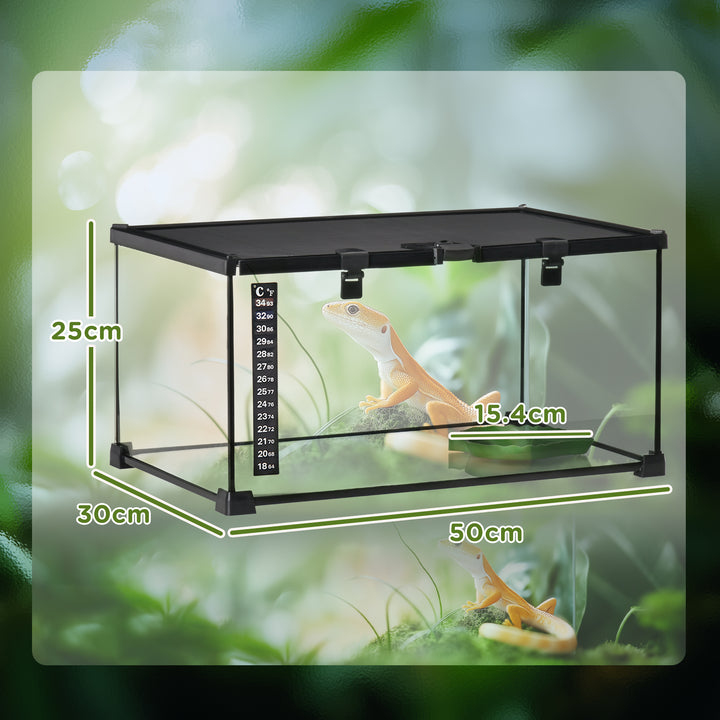 PawHut 50 x 30 x 25 cm Reptile Glass Terrarium, Reptile Breeding Tank, Climbing pet Glass Containers, Arboreal Box, with Strip Patch Thermometer-Black