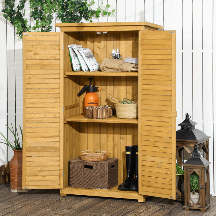Outsunny Wooden Garden Storage Shed, Compact Utility Sentry Unit, 3-Tier Shelves Tool Cabinet Organizer with Asphalt Roof and Shutter Design