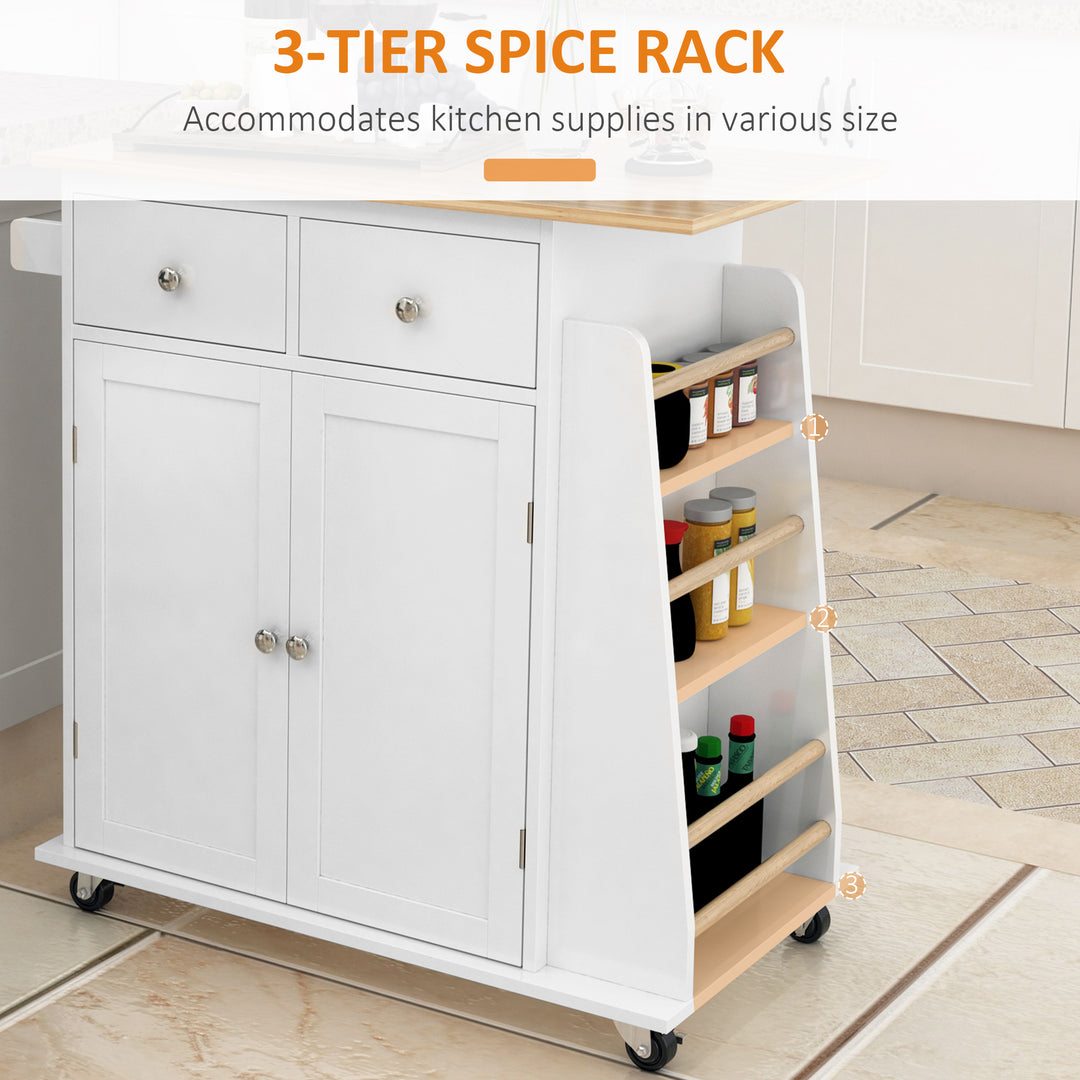 Kitchen Island Storage Cabinet Rolling Trolley with Rubber Wood Top, 3-Tier Spice Rack, Large Cabinet & Drawers