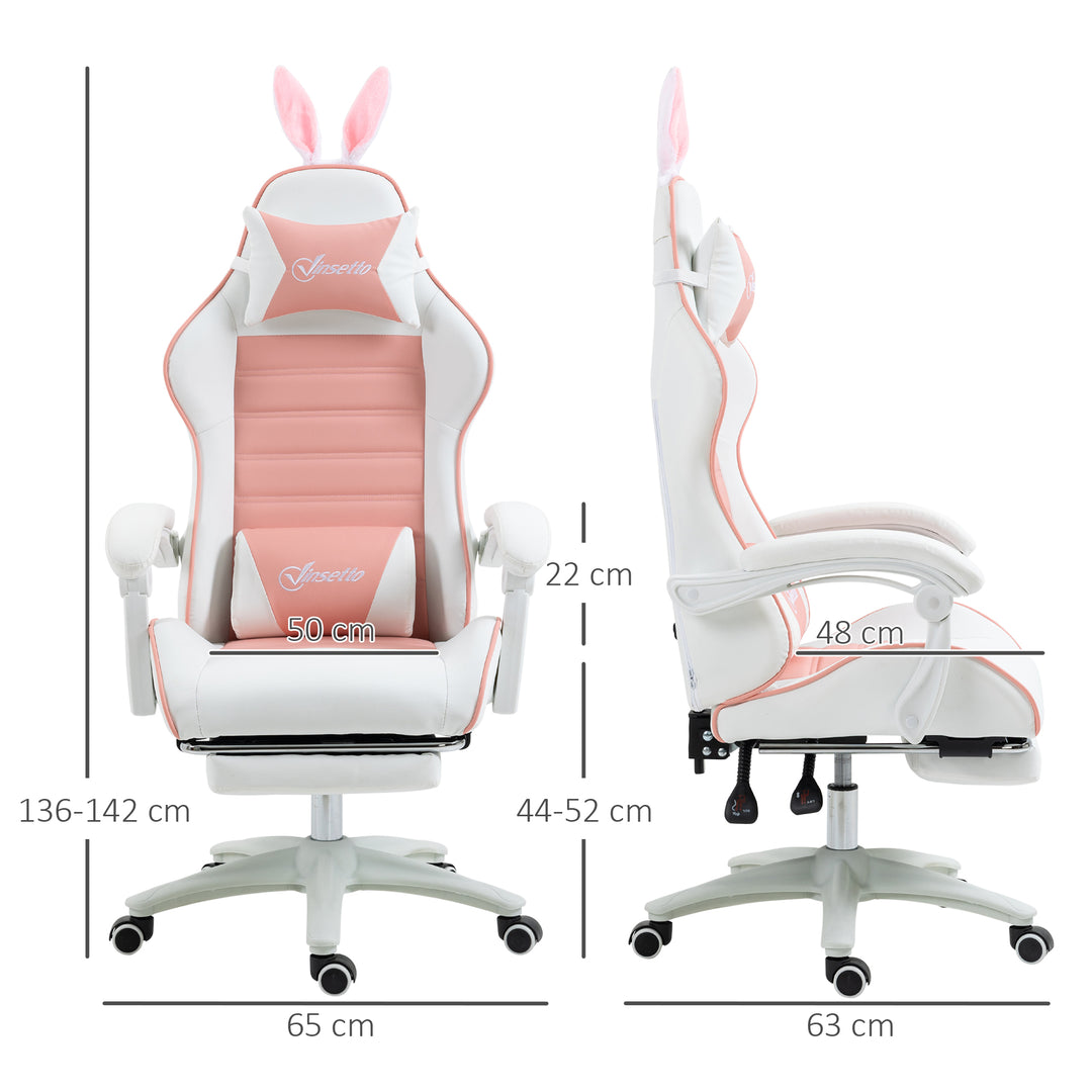 Vinsetto Racing Gaming Chair, Reclining PU Leather Computer Chair with Removable Rabbit Ears, Pink