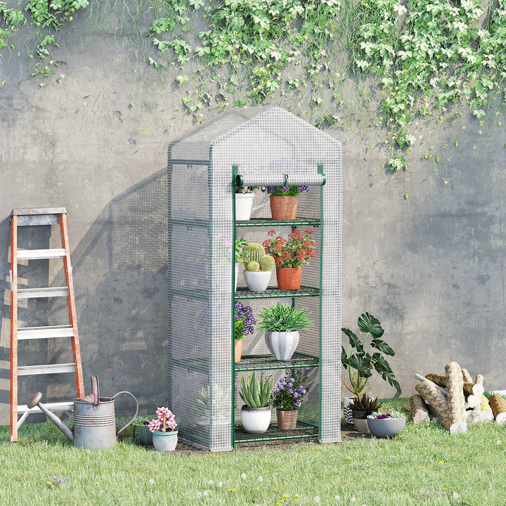 Outsunny 4 Tier Mini Greenhouse, Portable Green House with Steel Frame, PE Cover, Roll-up Door, 70 x 50 x 160 cm, White