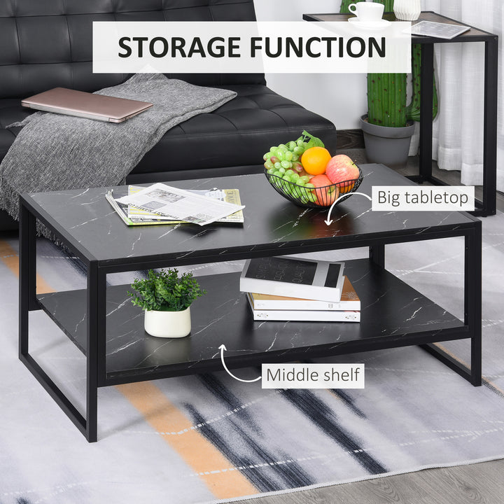 Two-Tier Laminate Marble Print Table Top Coffee Table w/ Metal Frame Foot Pads Elegant Modern Style 2 Shelves Home Display Storage Unit Black