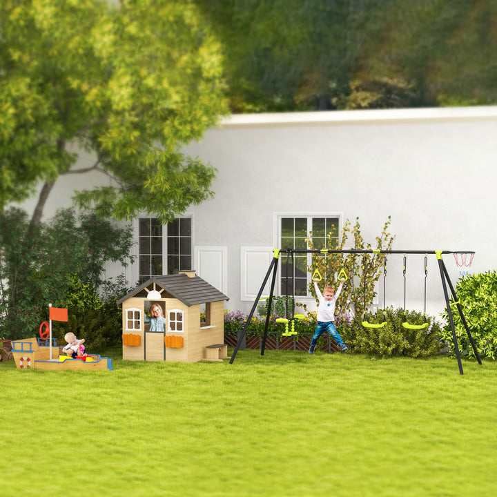 Kids Swing Set for Backyard, Outdoor Play Equipment, w/ Adjustable Swing Seats, Seesaw, Basket Hoop, A-Frame Metal Stand for Ages 3-10 Years