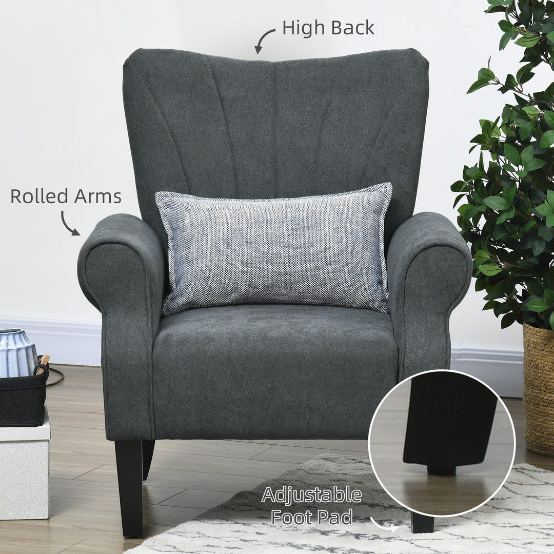 Upholstered Accent Chair with High Back, Rolled Arms and Wood Legs, Soft Thick Padded Armchair, Grey