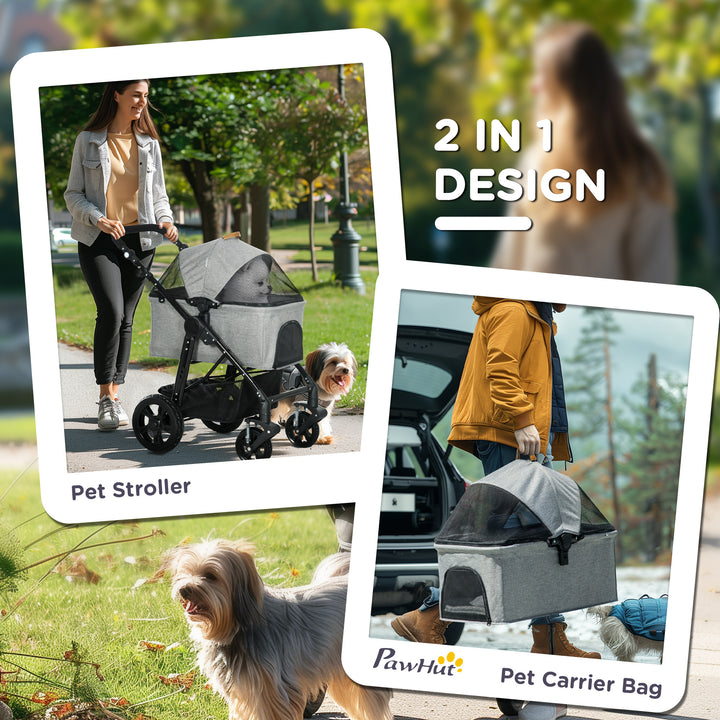 PawHut 2-In-1 Design No-Zip Pet Stroller Detachable Bag Travel Trolley with Shock-absorbing System Brake Basket Adjustable Handlebar Safety Leash Grey