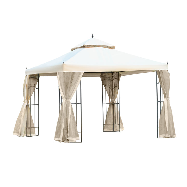 300x300cm Garden Gazebo Double Top Outdoor Canopy Patio Event Party Tent Backyard Sun Shade with Mesh Curtain Beige