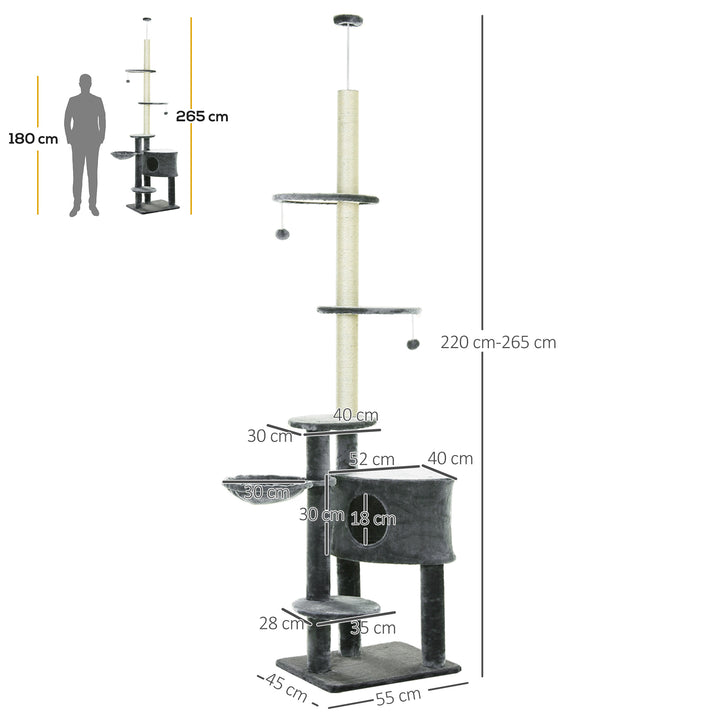 Adjustable Height Floor-To-Ceiling Vertical Cat Tree with Carpeted Platforms, Condo, Sisal Rope Scratching Areas